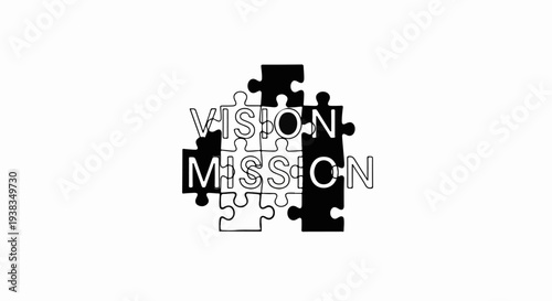 Jigsaw puzzle pieces form the words VISION and MISSION in black and white