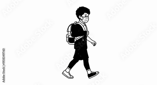 Kid walking with backpack and mask