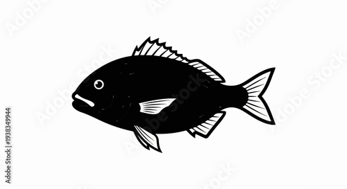 Black stylized fish with white eye and fins, facing left