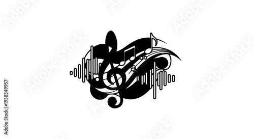 Black treble clef and musical notes with waveform accents