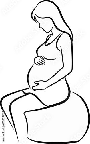 Pregnant woman sits on a large exercise ball, holding her belly