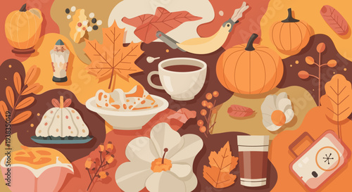 Flat Lay Autumn Composition with Fall Leaves, Pumpkins, Hot Drink, and Cozy Desserts