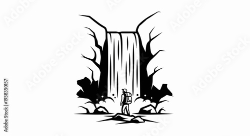 Hiker beholds majestic waterfall in rugged, stylized natural setting