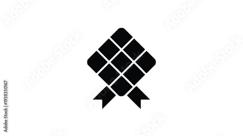 Black diamond shape with white lines and ribbons at the bottom