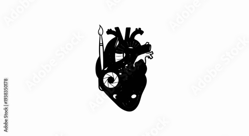 Black heart silhouette with artistic elements, gears, and camera aperture