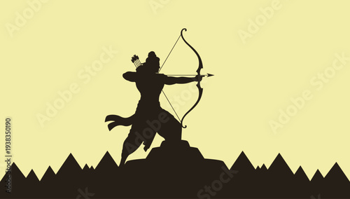 Powerful Silhouette of Hindu Deity Lord Rama Drawing a Bow and Arrow Symbolizing Strength, Dharma, and Victory of Good Over Evil
