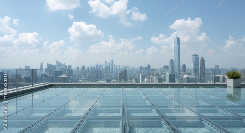 Obraz premium Contemporary rooftop space with clear glass floor panels offering panoramic cityscape visibility