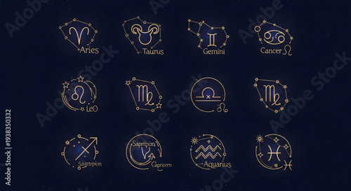 Collection of twelve zodiac signs in constellation style.