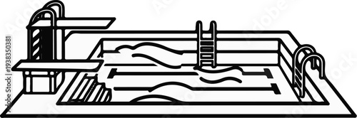 An illustration of a swimming pool with diving boards and ladders