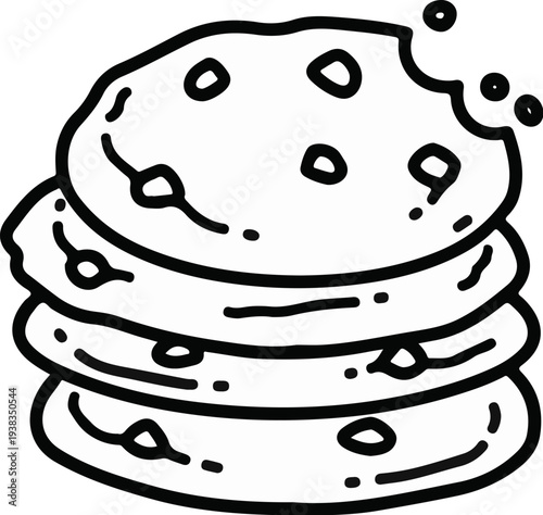 Stack of hand-drawn chocolate chip cookies, one with a bite