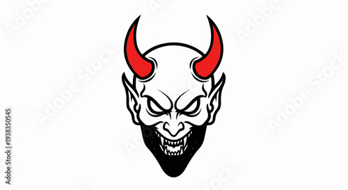 Ferocious devil face with pointed red horns, sharp teeth, and beard
