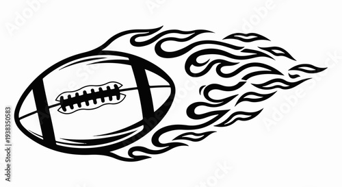 Black and white graphic of an American football in motion with flame accents