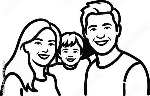 Stylized black and white illustration of a happy family parents and child