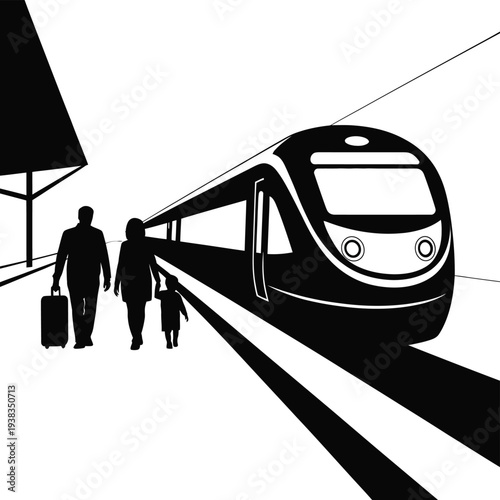Black silhouette of family walking towards train at station vector