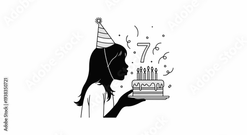 Silhouette of a girl in a party hat blowing out candles on a cake