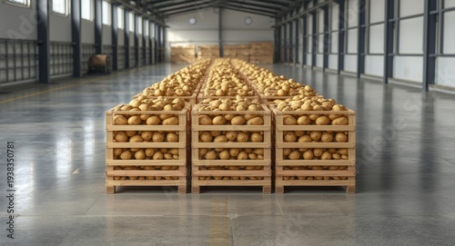 Crates full of fresh potatoes neatly stacked in a produce storage area of a factory