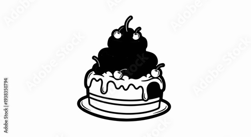 Black and white illustration of a layered cake with dark frosting and cherries