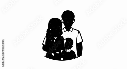 Silhouette of a loving family posing together, a mother holds a baby, father stands beside