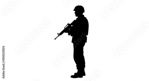Silhouette of Soldier with Rifle Standing.