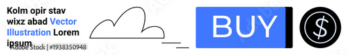 Cloud shape, blue BUY button, dollar currency symbol, black text block. Ideal for e-commerce, cloud computing, online shopping, digital marketing, finance, technology, landing pages. Landing page