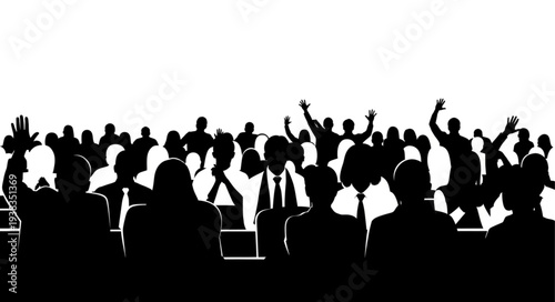 Silhouetted Crowd Raising Hands in Unity.