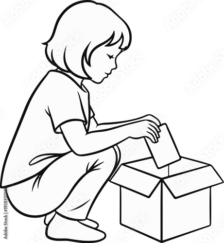 A person is crouching down, placing a small object into an open box