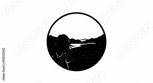 Silhouette of person looking out at a scenic landscape with a road and lake