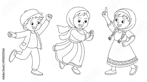 cartoon children dancing and running in traditional clothes