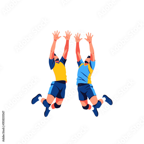 Volleyball players jumping to spike or block during a match.