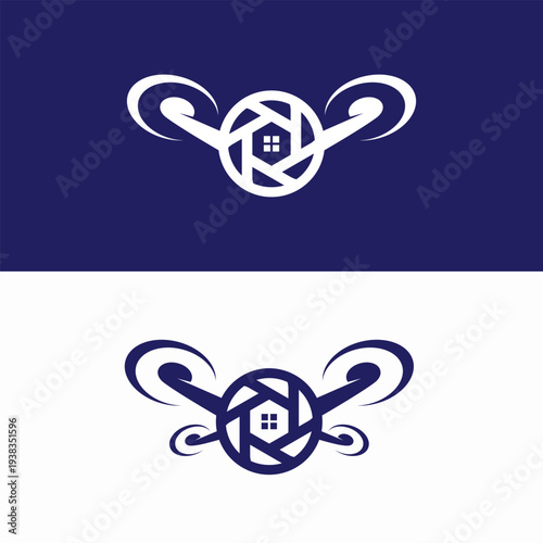Drone Photography Logo Design with Camera Lens and House Symbol.
