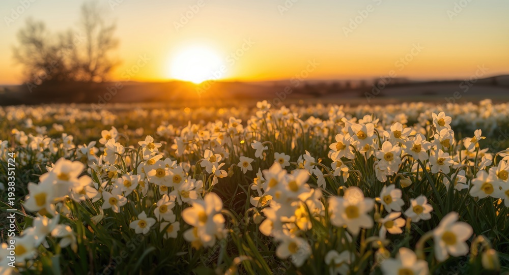 Fototapeta premium Bright field of blooming white narcissus under a golden sunset with a peaceful landscape background