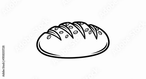 Stylized line drawing of a loaf of bread with scored top and embedded seeds