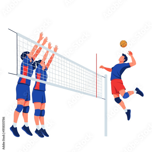 Volleyball team blocking attack at net, player jumping to spike ball