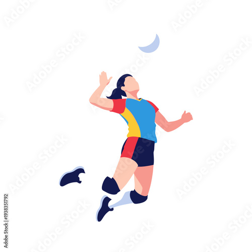 Female volleyball player jumping to spike ball during game