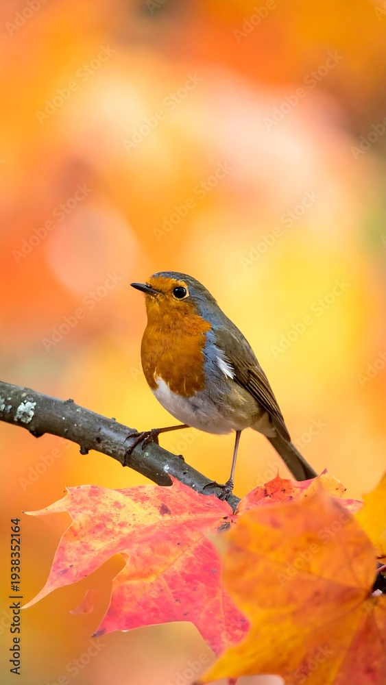 Obraz premium Robin sits on a branch amidst vibrant autumn leaves, blurred bright orange background