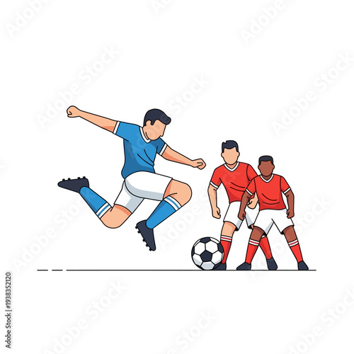 Soccer player kicking ball, teammates defending, cartoon style, team sport