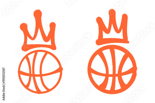 Basket Ball King Graffiti Icon Featuring Basketball with Crown in Orange and Red Spray Paint Style Vector.