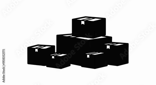 Stacked black cardboard boxes with tape and flaps