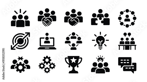 Black silhouette teamwork collaboration logo icons set for business concepts and social media