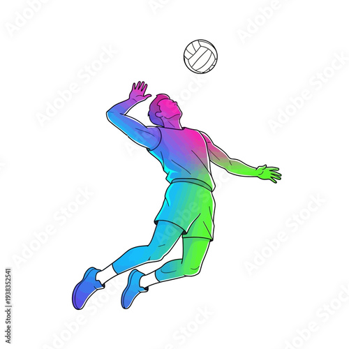 Volleyball Player Jumping and Spiking Ball with Colorful Gradient Outline