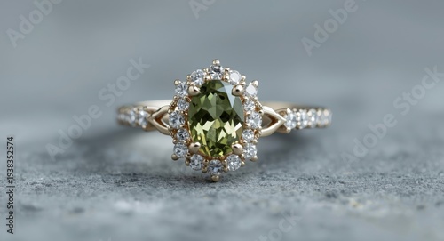 Elegant engagement ring decorated with chrysolite and delicate hearts focusing on the precision of jewelry making techniques
