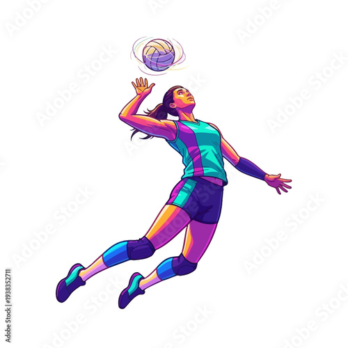 Volleyball Player Jumping to Spike Ball - Dynamic Action Illustration