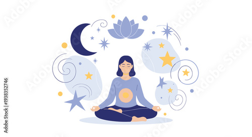 Woman Meditating Calmly Under Night Sky with Stars and Moon