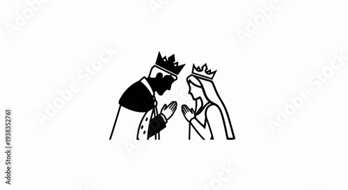 Two royal figures, a king and queen, bowing heads in prayer