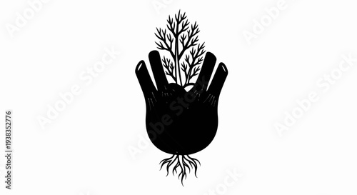 Black silhouette of a stylized vegetable with roots and emerging foliage