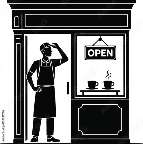 Vector illustration of man standing in doorway of coffee shop
