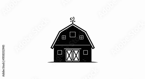 Black silhouette of a barn with a rooster weathervane and double doors