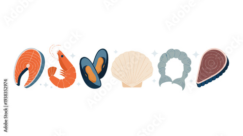 colorful seafood icons including salmon steak shrimp scallop and oysters on white