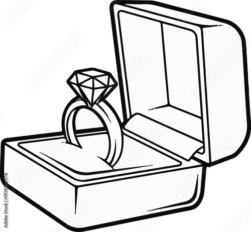A sparkling diamond ring sits in an open presentation box on a white background