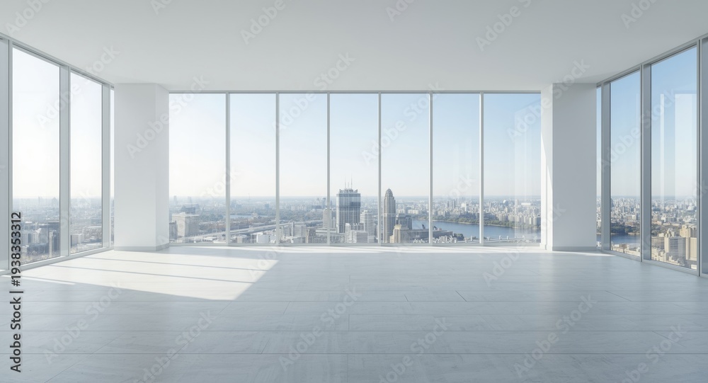 Fototapeta premium Empty contemporary space framed by oversized windows presenting downtown panorama